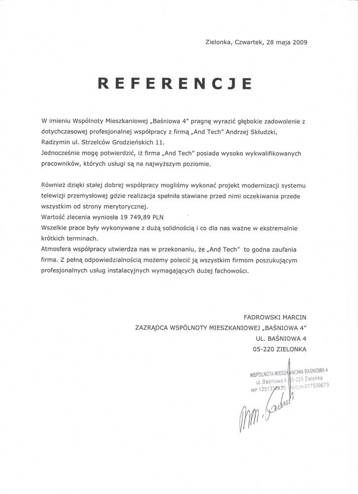 Referencje wystawione od Wspólnota Mieszkaniowa w Zielonce